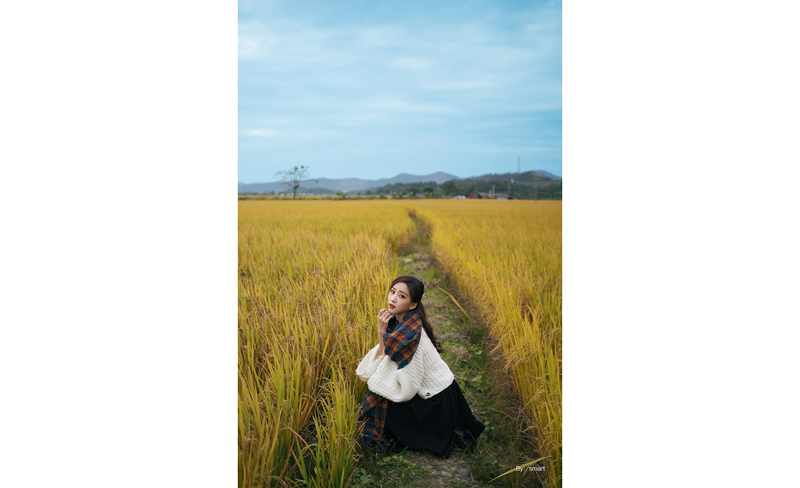 sample photograph of asian woman wearing white woolen jumper crouching in a field of tall grass