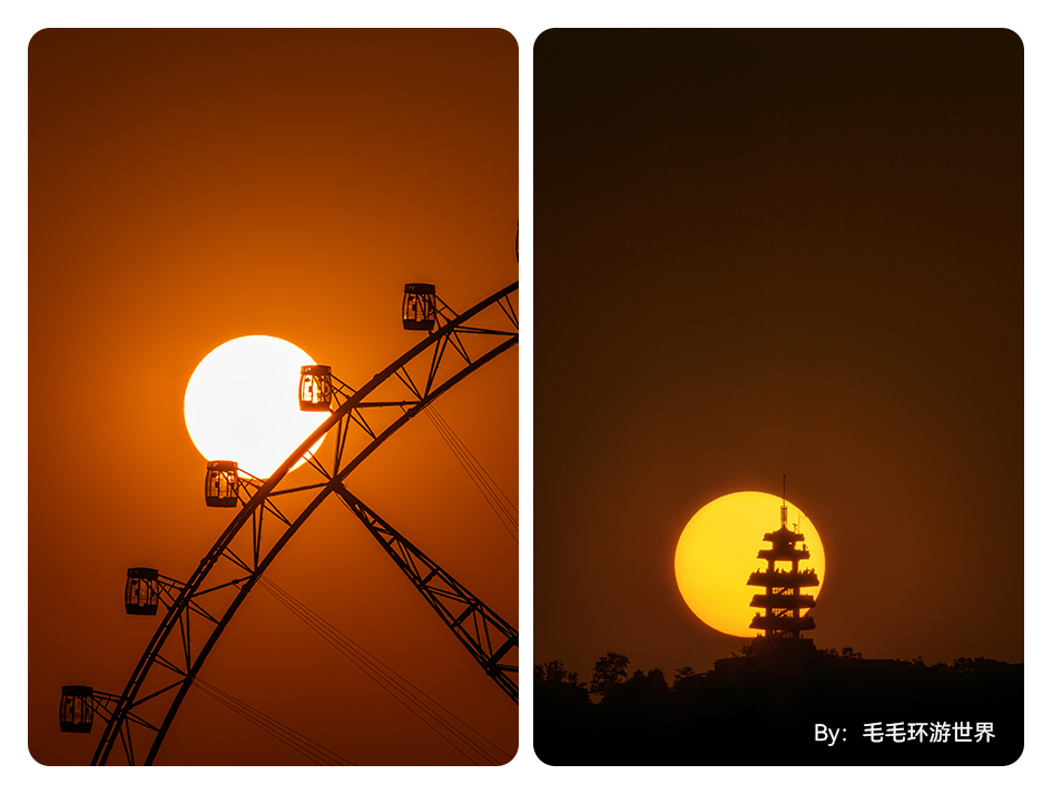 two sample images taken with the ttartisan telephoto lens, one of a close up of a fairground wheel and one of a temple at sunset