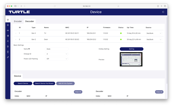 web gui example for the Turtle AV Darwin 4K