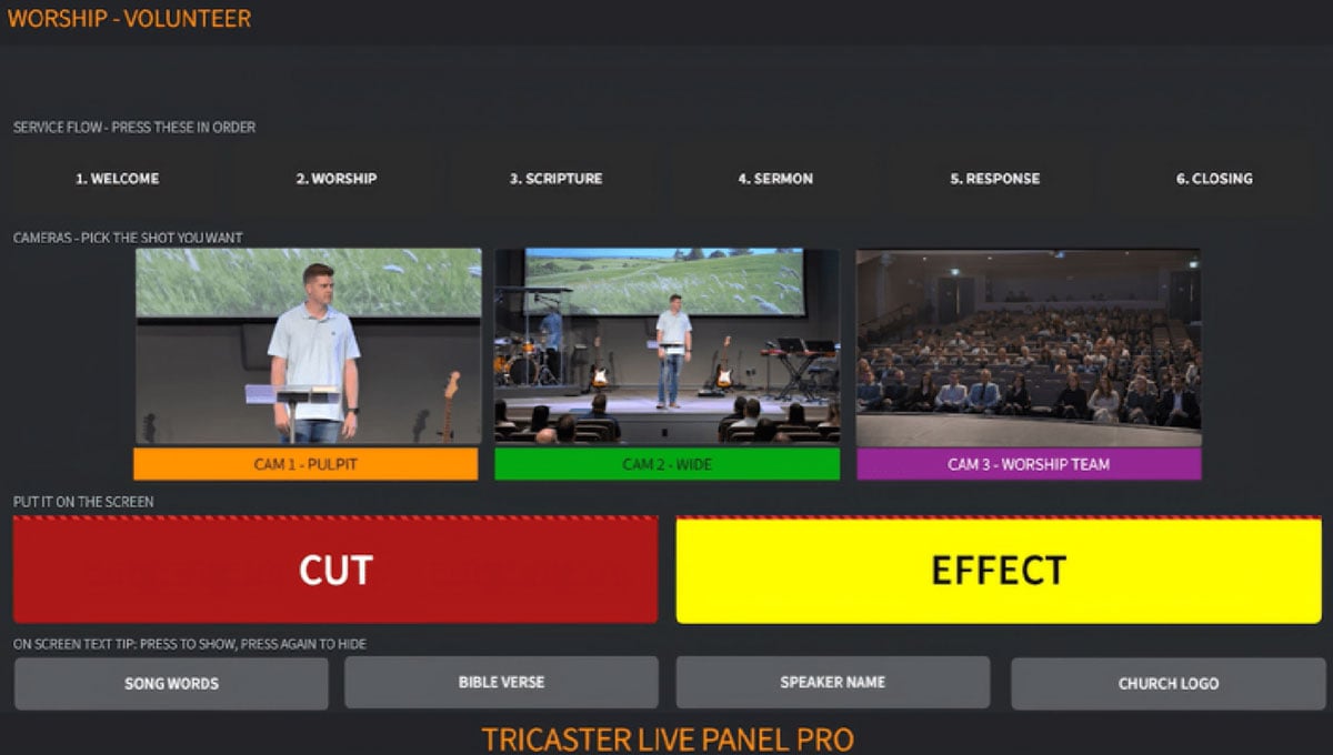 TriCaster LivePanel Pro interface configured for a church worship service