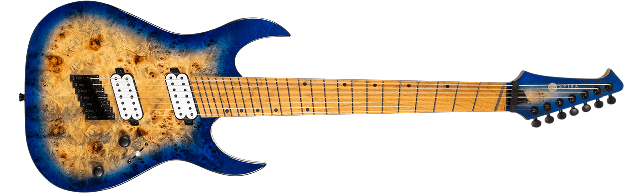 Spira Guitars S-457 Multiscale Poplar Burl, Trans Blue