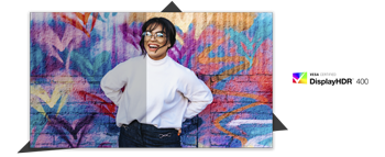 image of AOC U32U3CV Monitor with image of woman standing infront of Graffiti and DisplayHDR 400 Logo