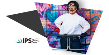AOC U32U3CV Monitor with image of woman standing infront of Graffiti and Nano IPS icon