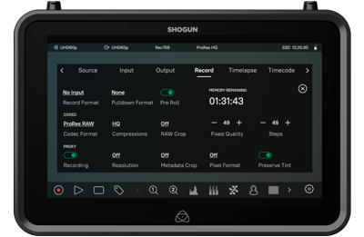 Shogun Ultra with atomos codec menu prores RAW