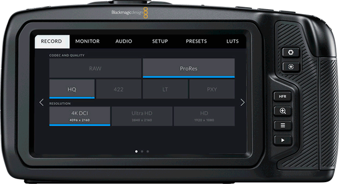 rear view of the blackmagic pocket cinema camera 4k showing examples of the user interface