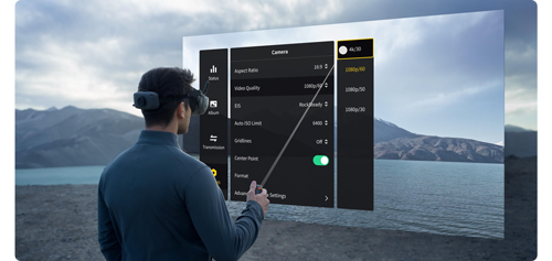 illustration of drone pilot using DJI Goggles N3 and RC Motion 3 with AR cursor software window