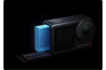 Illustration of DJI Osmo Action 5 Pro with illuminated battery in view