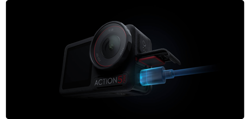 rendered image of osmo action 5 pro with highlighted charging cable