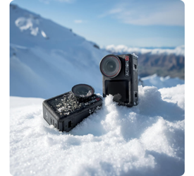 DJI Osmo action 5 Pro cameras sitting in patch of snow