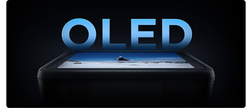 DJI Osmo Action 5 Pro screen with bright blue text OLED on black background