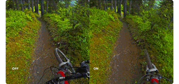 Side by side animated gif of mountain biker riding along woodland trail