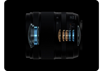 X-ray Illustration of Fujifilm XF16-50mm optical construction on black background