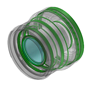X-ray style illustation of Fujifilm XF16mm f2.8 r WR lens with weather resistant seals highlighted green