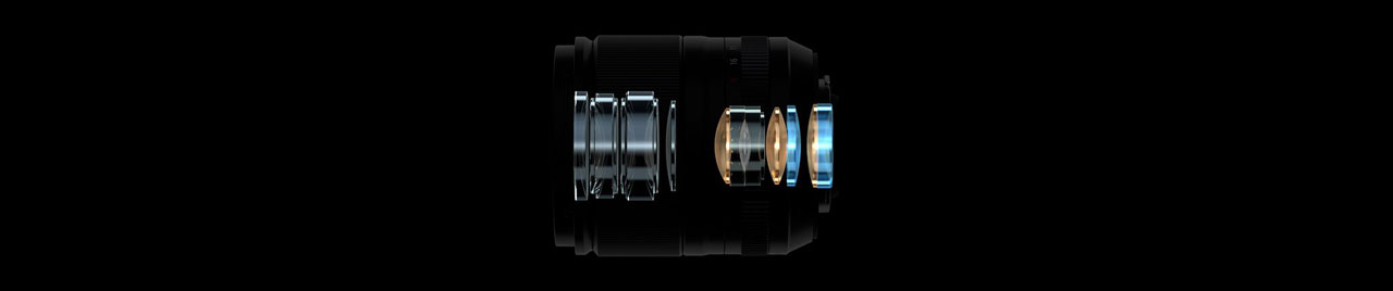 illustration of Fujifilm XF23mm F1.4 R LM WR lens optical structure on black background