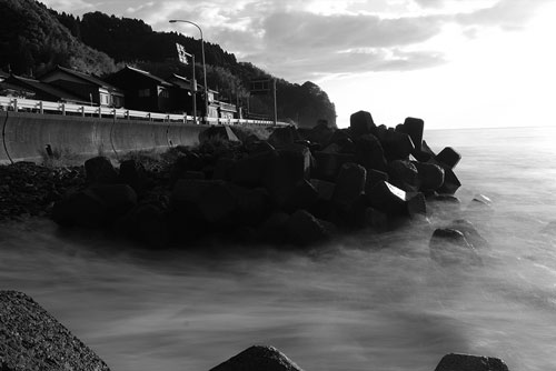 black and white sample photograph of sea defence barrier in front of traditional Japanese style housing