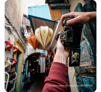 photographer holding Lumix G95 camera in vibrant alleyway