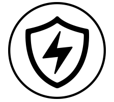 Black Circle icon with outline shield with lightning bolt icon