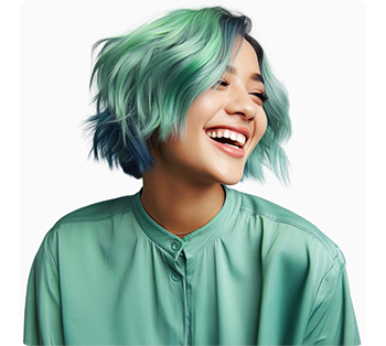 photograph of young woman wearing teal jacket with teal dyed short bob haircut