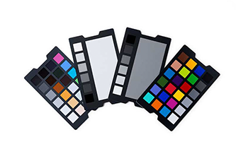 Datacolour Spyder Checkr Photo Card set fanned out showing each calibration target on white background