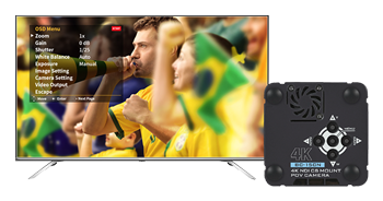 rear view of the 4k pov camera next to a monitor showing the controls
