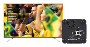 rear view of the 4k pov video camera showing the controls with video stream on a monitor next to it