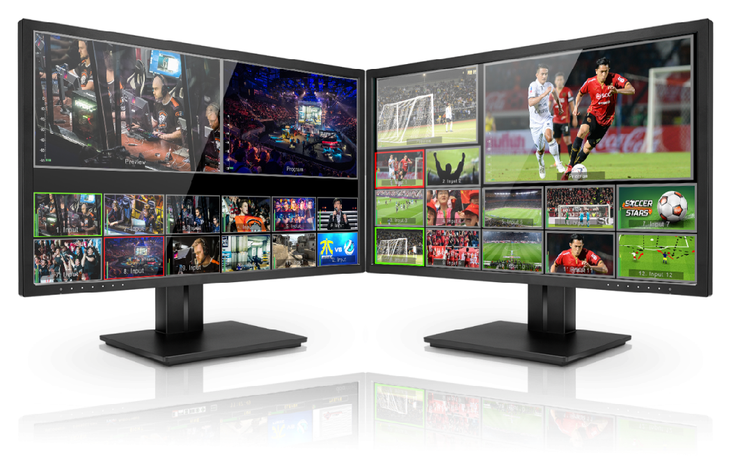 2 displays showing Multiview output, Datavideo SE-3200 HD 12-Channel Digital Video Switcher