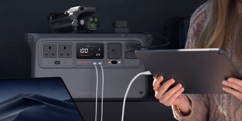 tablet connected to the dji power 1000 v2 portable power station