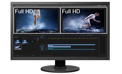 Eizo CS2740 with premiere pro video editing software open with clips of man running