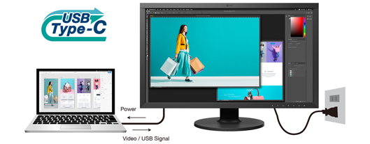 image of laptop connected to Eizo CS2740 via USB Type-C showing adobe photoshop