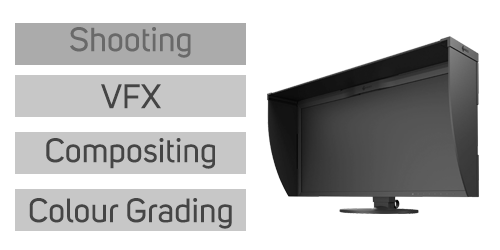 angled view of the eizo coloredge cg319x monitor with worflow stages at the side