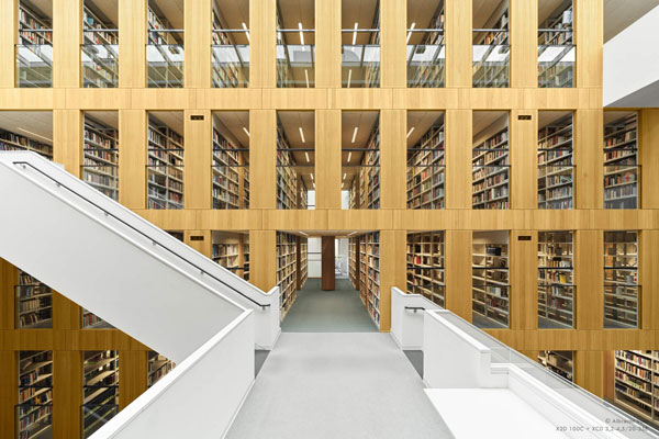 architectural photograph of modern multi floor library with oak cladding