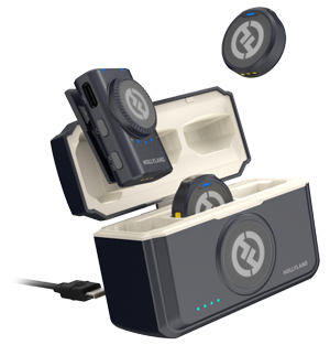 image of hollyland Lark M2 charge case with receiver and two microphones