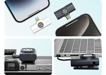 image of Lark M2 receivers connected to smartphones, cameras and laptops