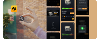 image person holding lark m2 infront of brick wall with larksound app screenshots