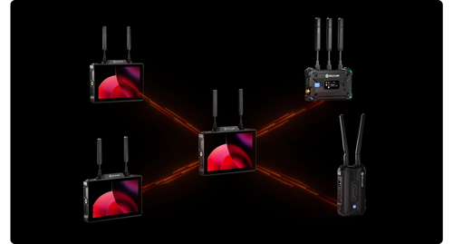 Hollyland pyro 7 monitor with 2 extra monitors and receivers connected on black background