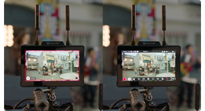 Split screen image of Hollyland Pyro7 being used as a video monitor to record music video