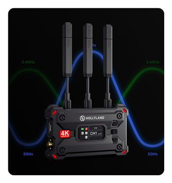 hollyland wireless transmitter on a waveform background