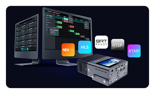 streaming encoder with two monitors and protocol logos on a dark blue background