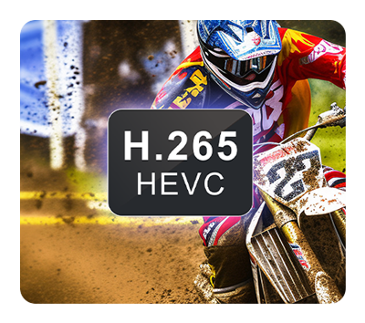 h.265 logo with a some riding a dirt bike behind it