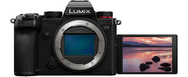 Panasonic S5 with screen flipped out and no lens showing the full frame sensor'