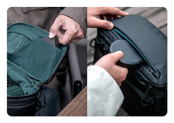 someone putting accessories into the pgytech onemo 2 shoulder bag