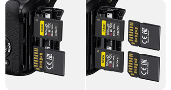 Sony Alpha camera with dual memory card slots