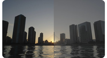 Split image comparison of sunset waterfront city skyline showing S-Log3 gamma curve