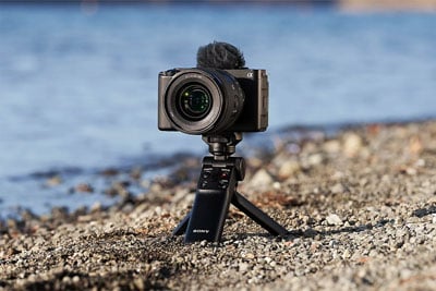 sony zv e1 vlog camera on a beach