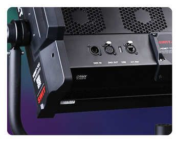 close up of the SWIT LED Panel light dmx ports