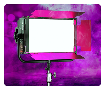 angled front view of the SWIT LED Panel light with a purple colour
