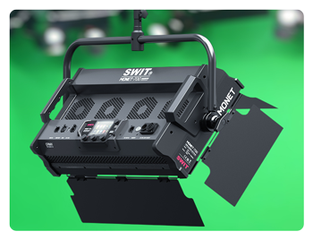 SWIT LED Panel light hanging from the ceiling near a green screen