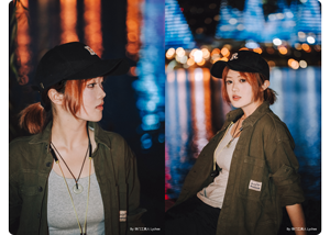 Side by side portraits of female asian model posing by a harbour at night with background lighting from cityscape