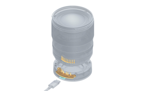 3d illustation of AF 75mm lens x ray view showing firmware update cap and connectors