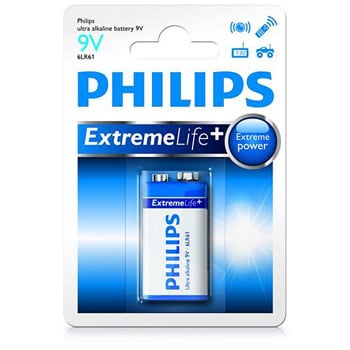 9v Square Alkaline Battery Philips eXtremeLife+  6LR61E1B/10